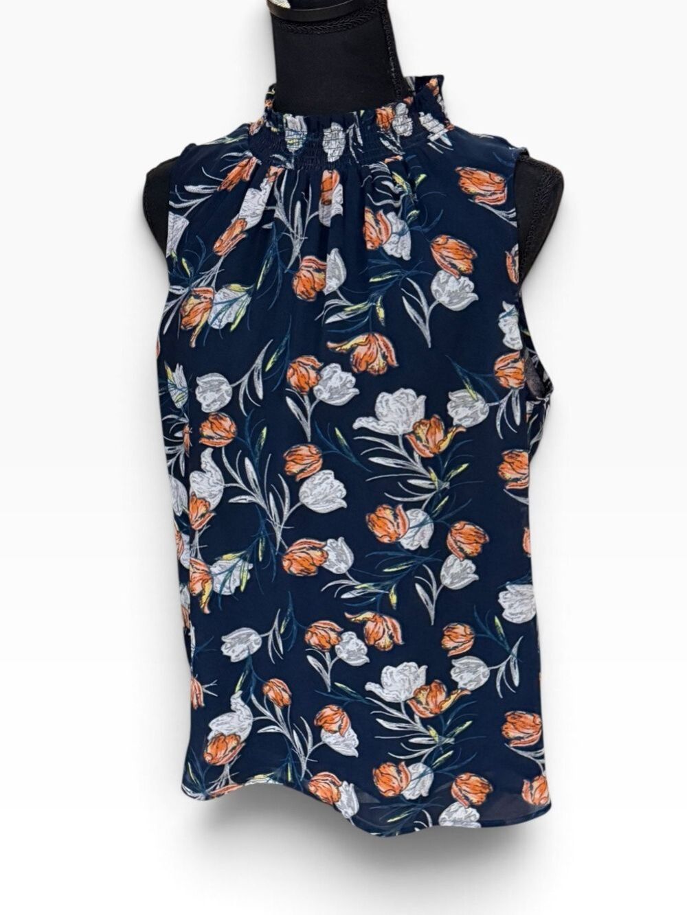 Daniel Rainn Navy Floral Smocked Neck Sleeveless Top - Large